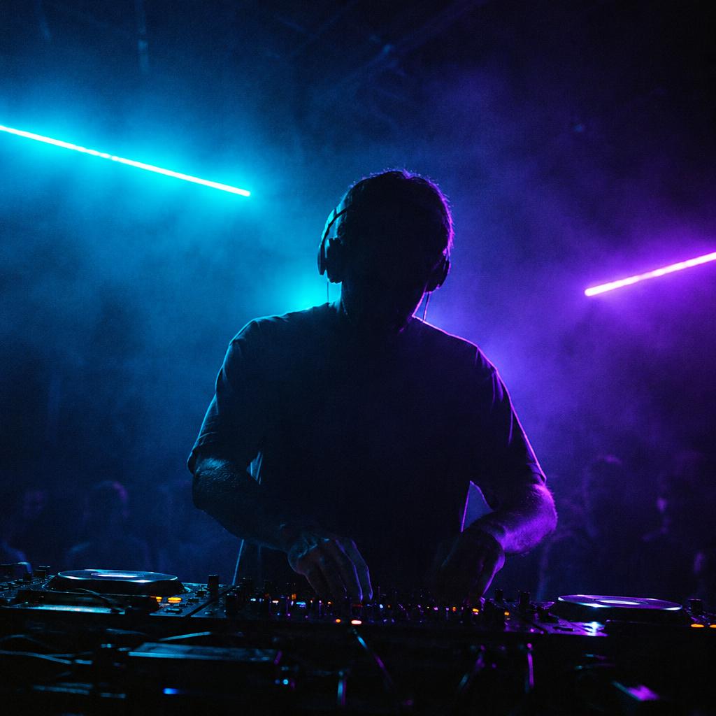 DJ performing in a neon-lit booth at an Addy Records night
